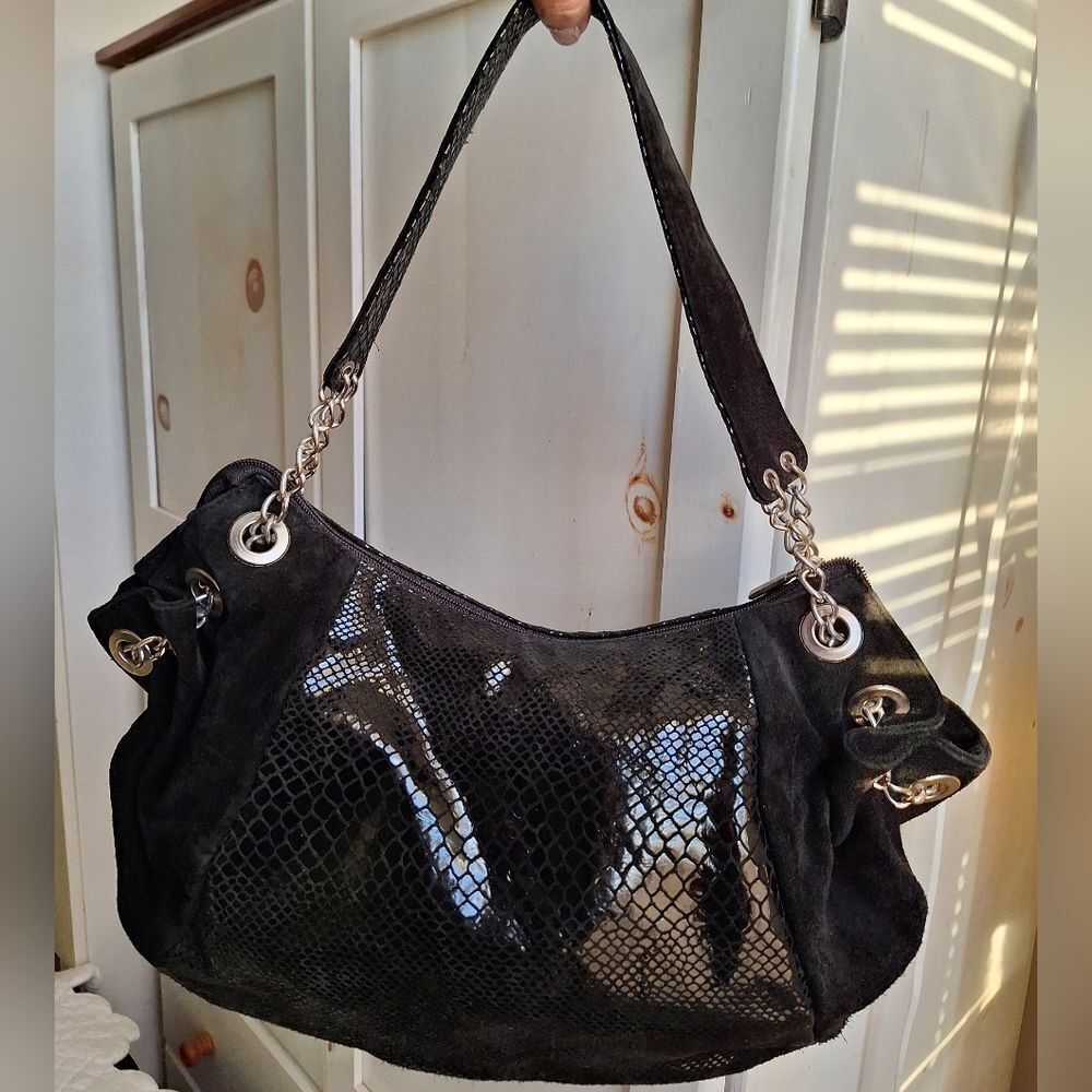 Suede Black Snake-Embossed Shoulder Bag